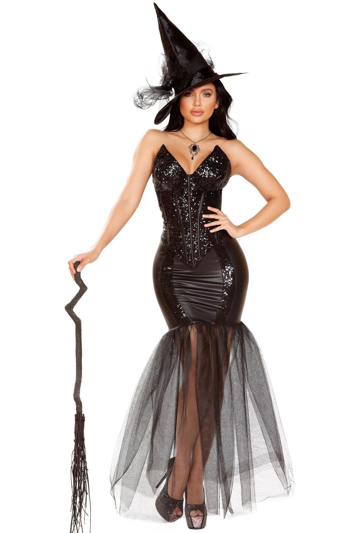 Model wearing black strapless witch dress with sheer skirt and pointy black witch hat