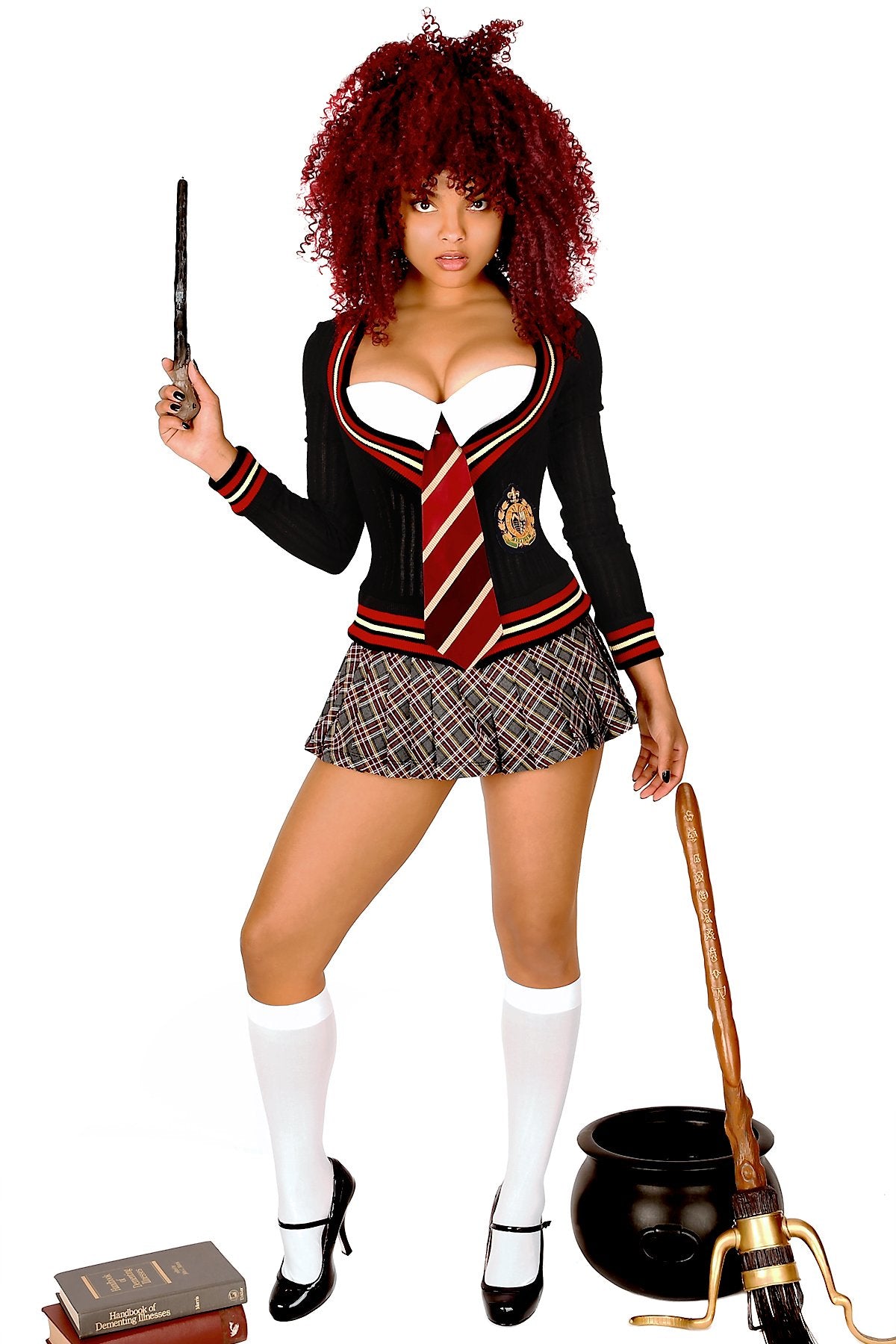 model wearing wizarding school girl outfit 
