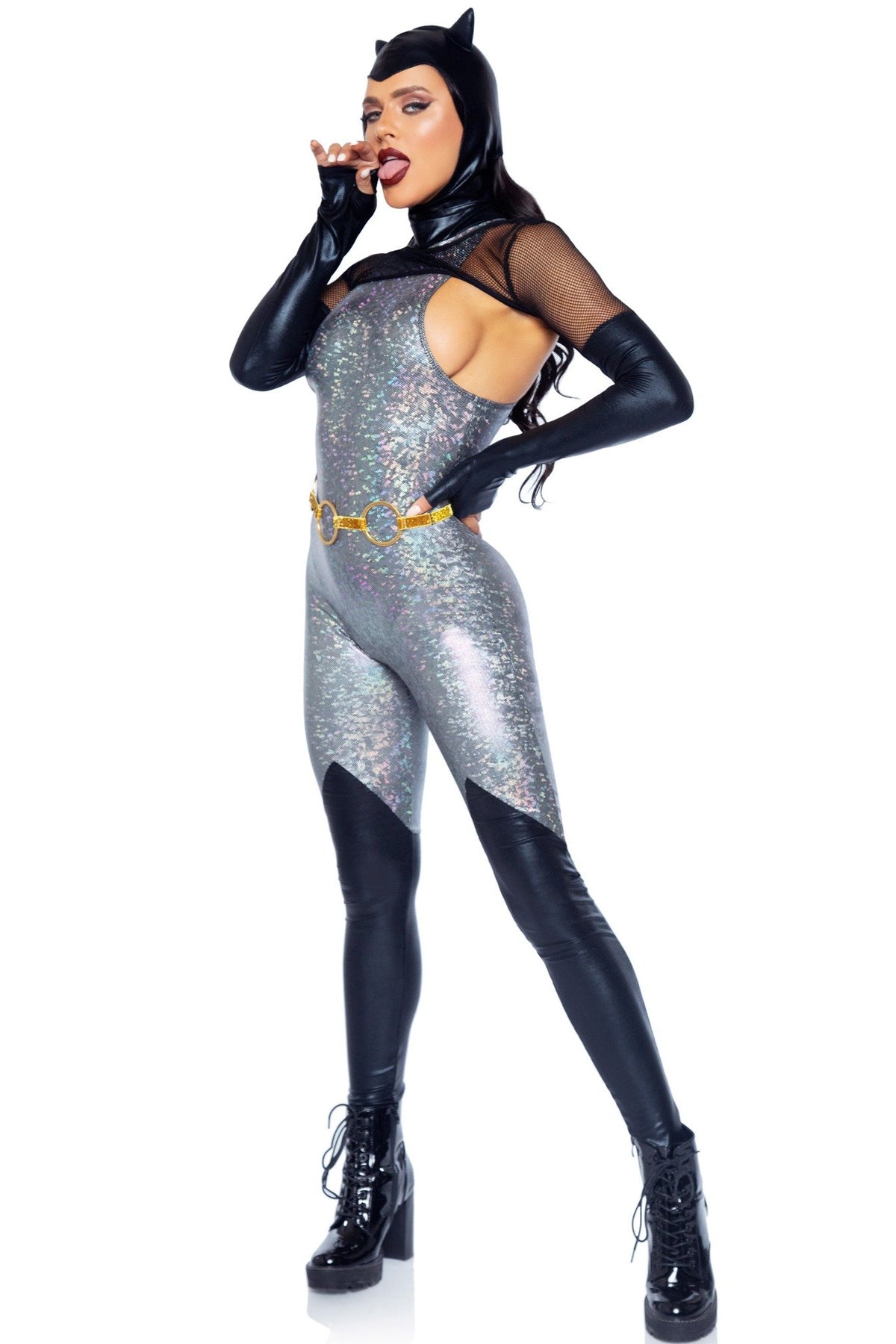 Model wearing black and silver retro catwoman catsuit costume