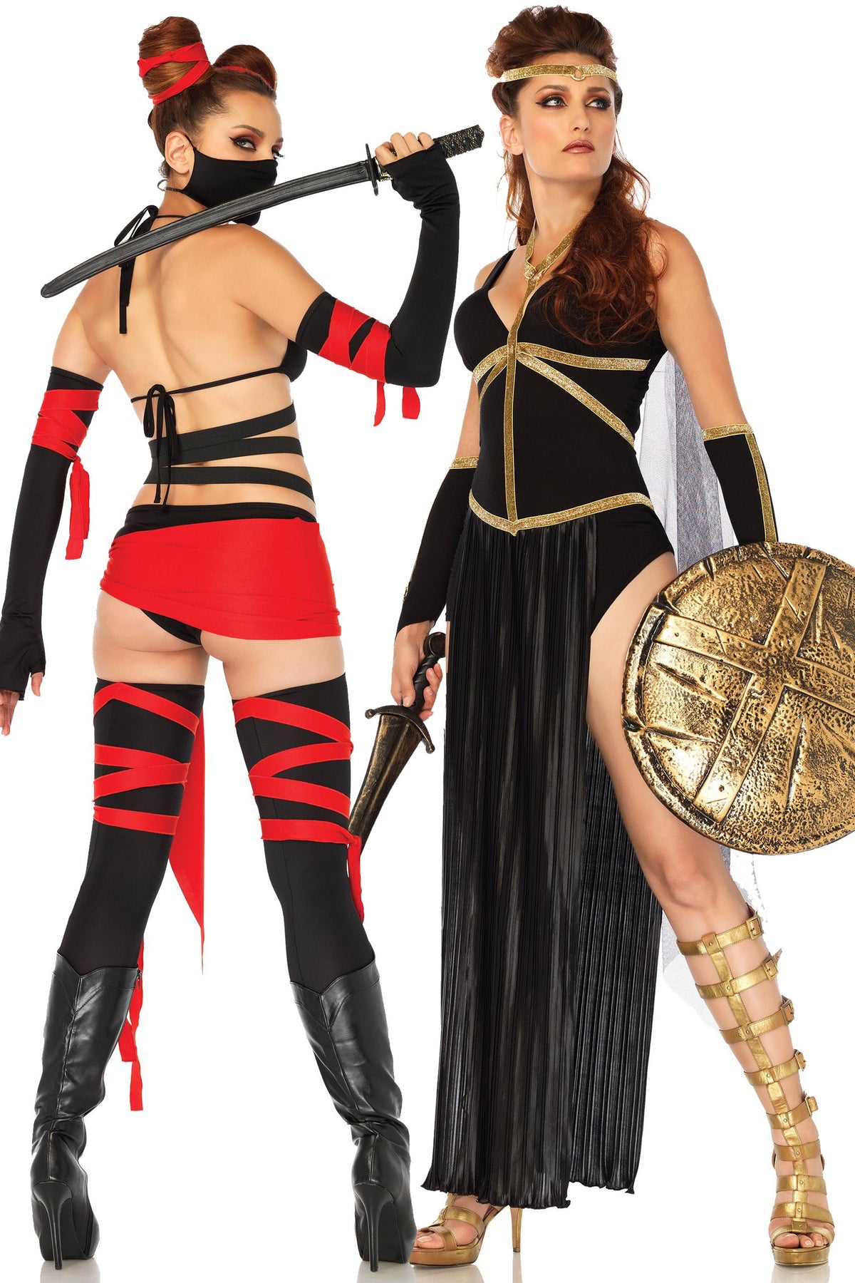 Model on left wears red and black strappy ninja costume model on left wears black and gold gladiator dress