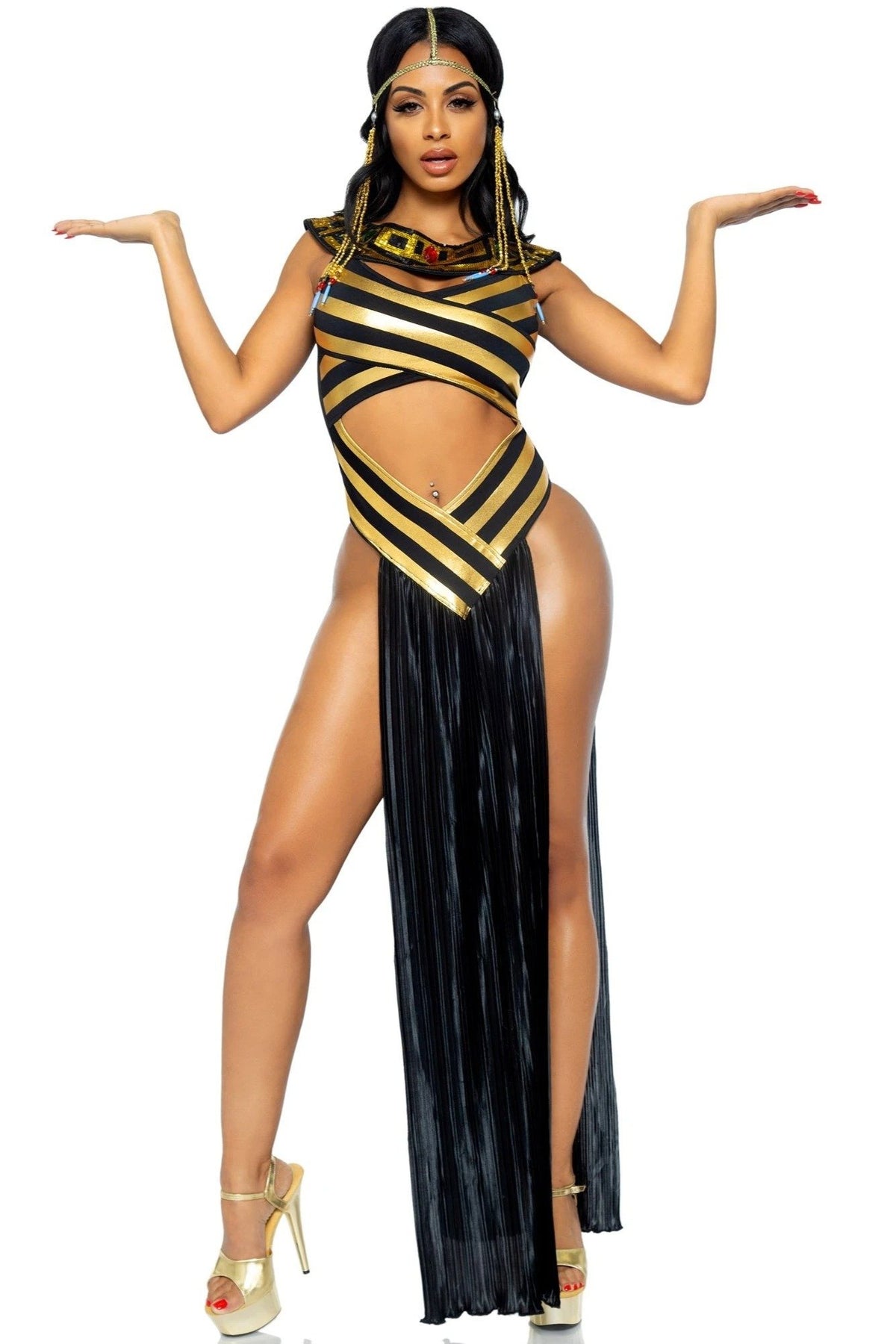 Model wearing black and gold cleopatra costume