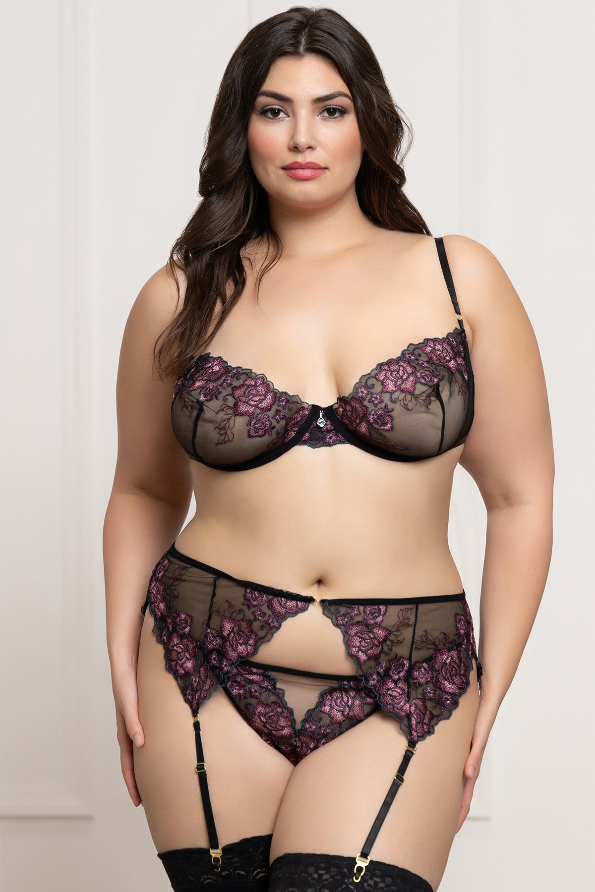 Embroidered Mesh Bra & Garterbelt Set