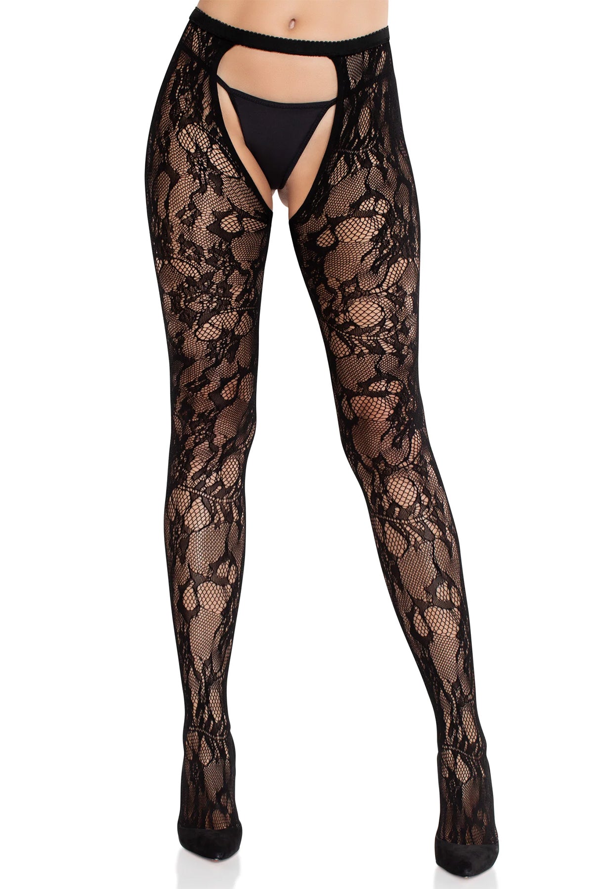 Rose Lace Cheeky Open Back Pantyhose