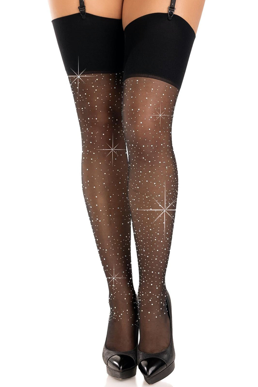 Wide Top Sheer Rhinestone Stockings