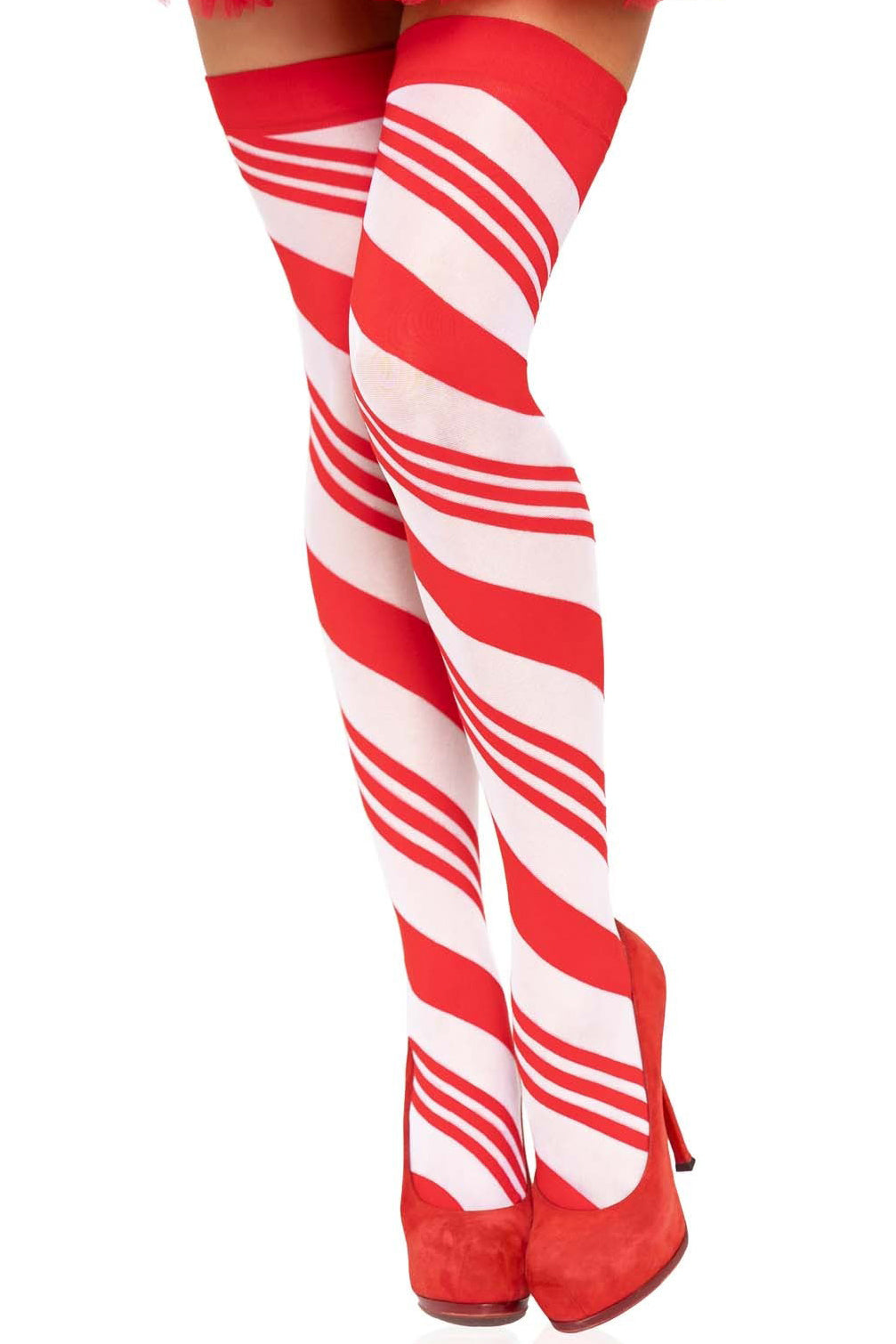 Red/White Candy Striped Thigh High Stockings with Bows