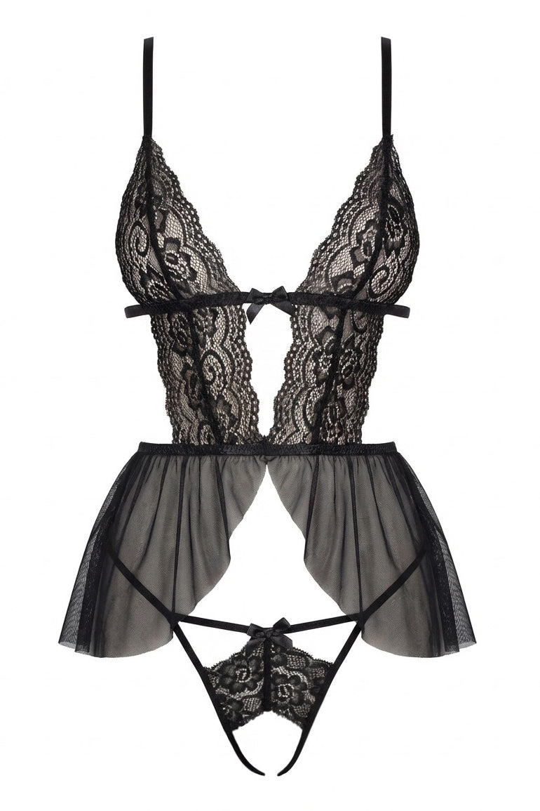 Scalloped Lace Babydoll & Crotchless Panty