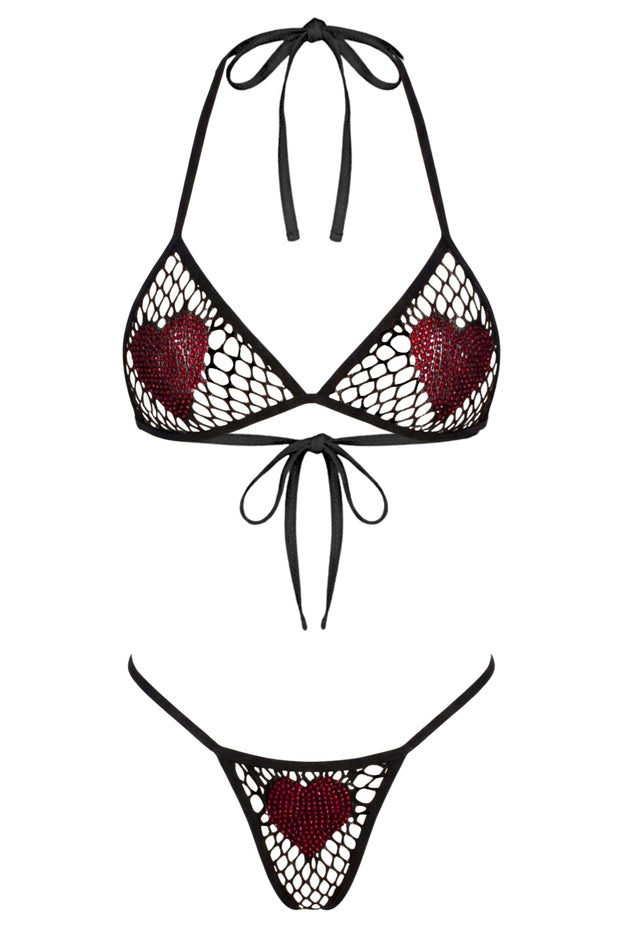 Rhinestone Heart Fishnet Bikini Set