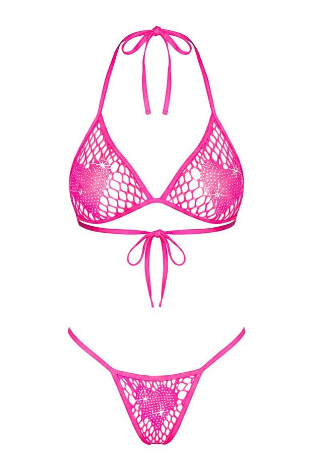 Rhinestone Heart Fishnet Bikini Set