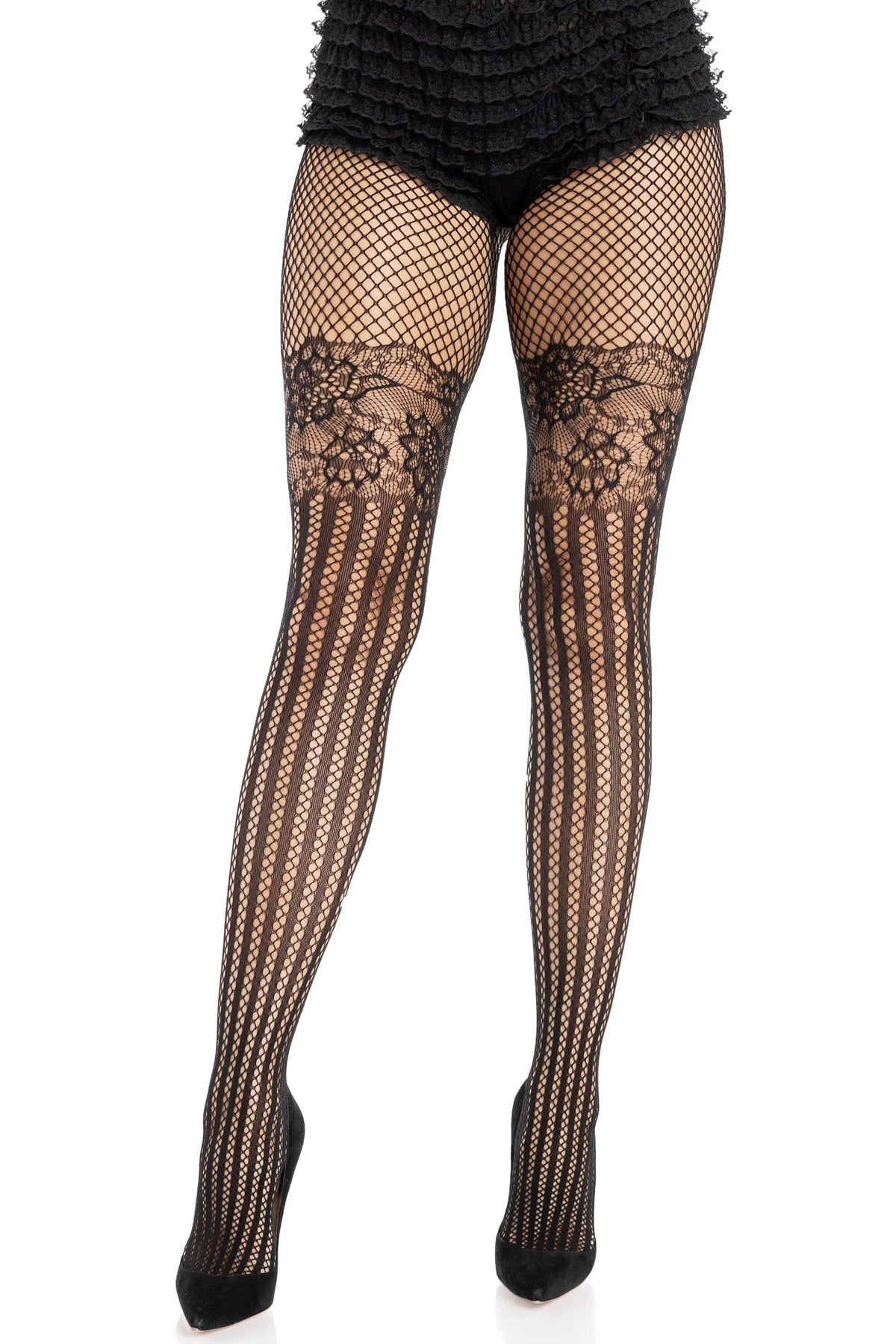 Lace Top Net Striped Pantyhose