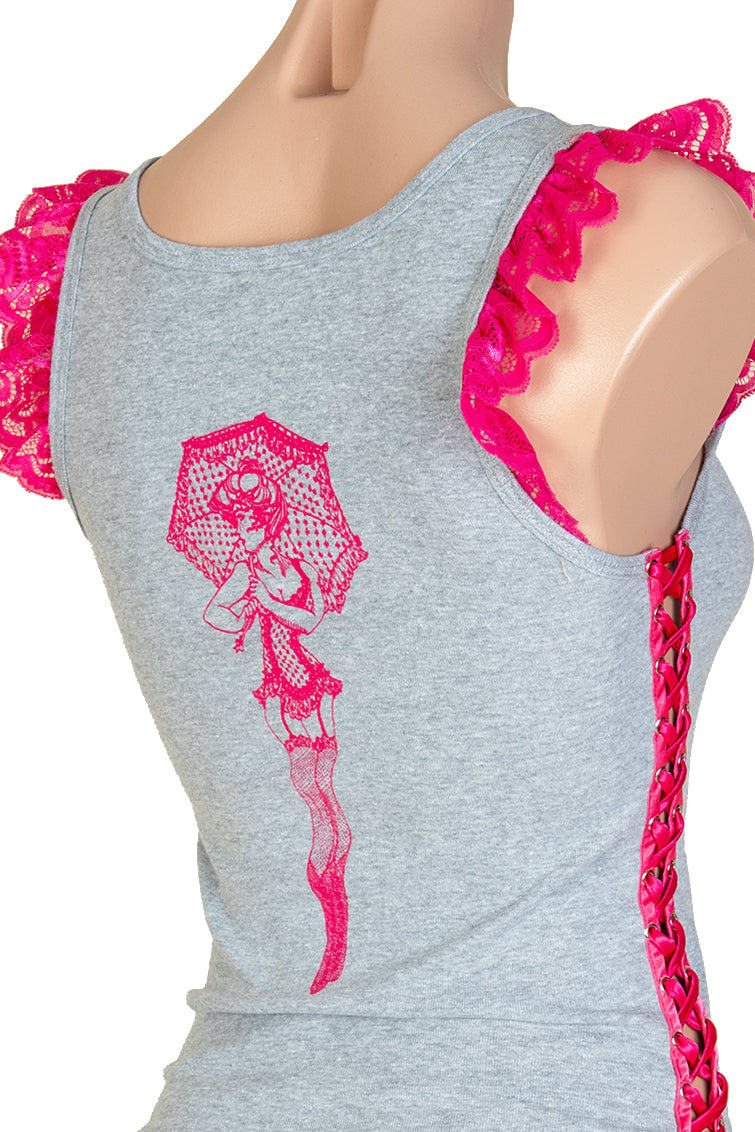 Trashy Lace-Up Ruffle Tank Top (Small Parasol Girl Print)