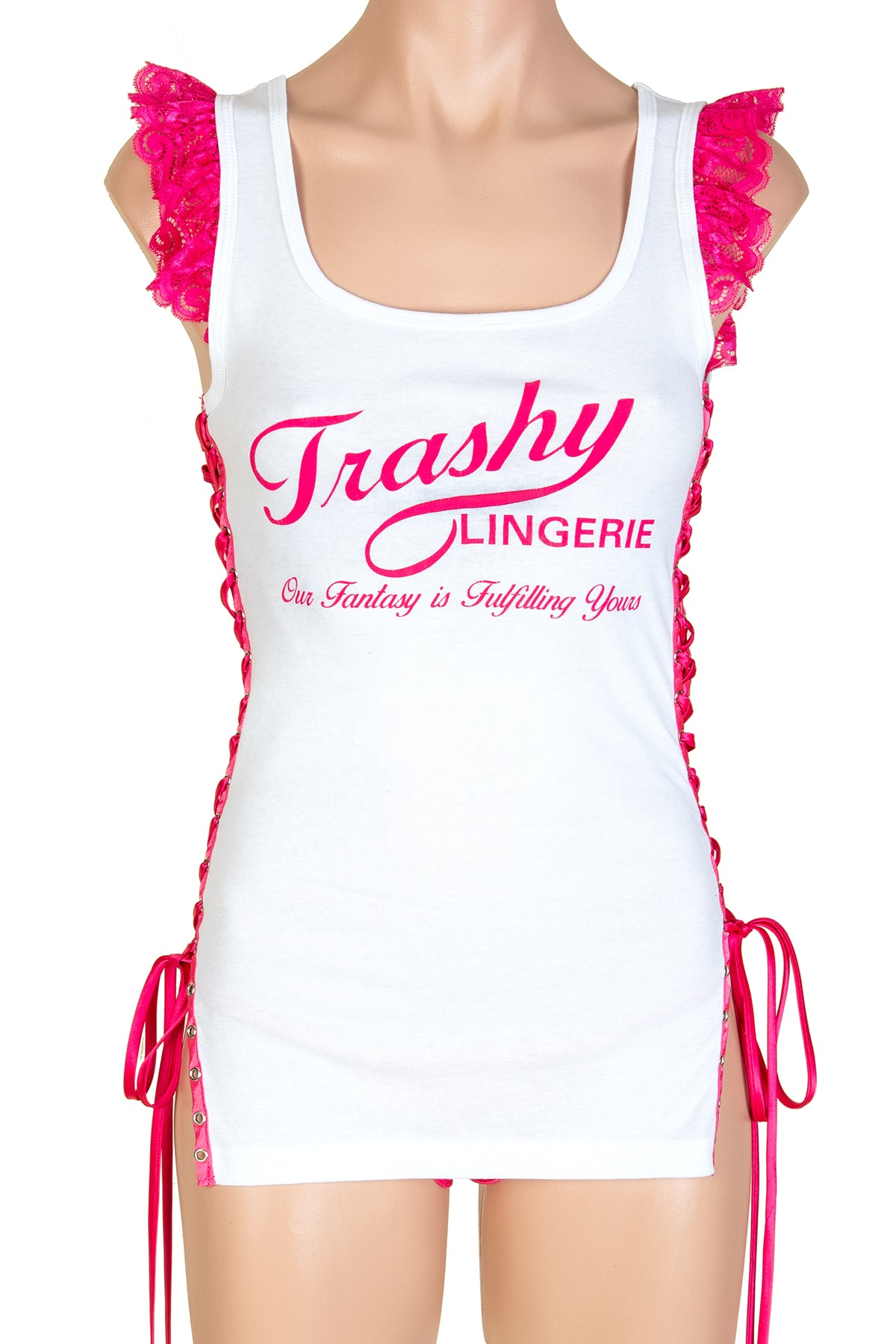 Trashy Lace-Up Ruffle Tank Top (Large Parasol Girl Print)