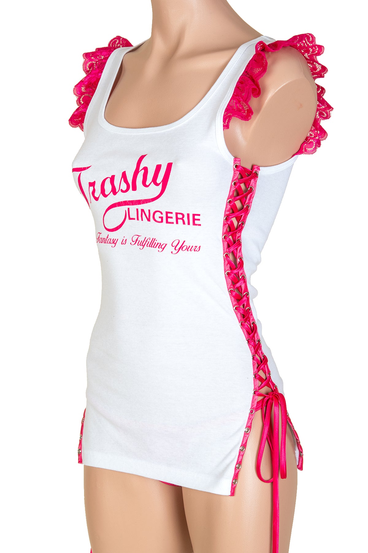 Trashy Lace-Up Ruffle Tank Top (Large Parasol Girl Print)