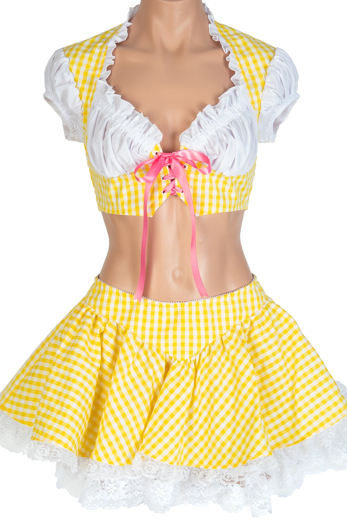 Gingham Lace-Up Ruffle Top & Skirt