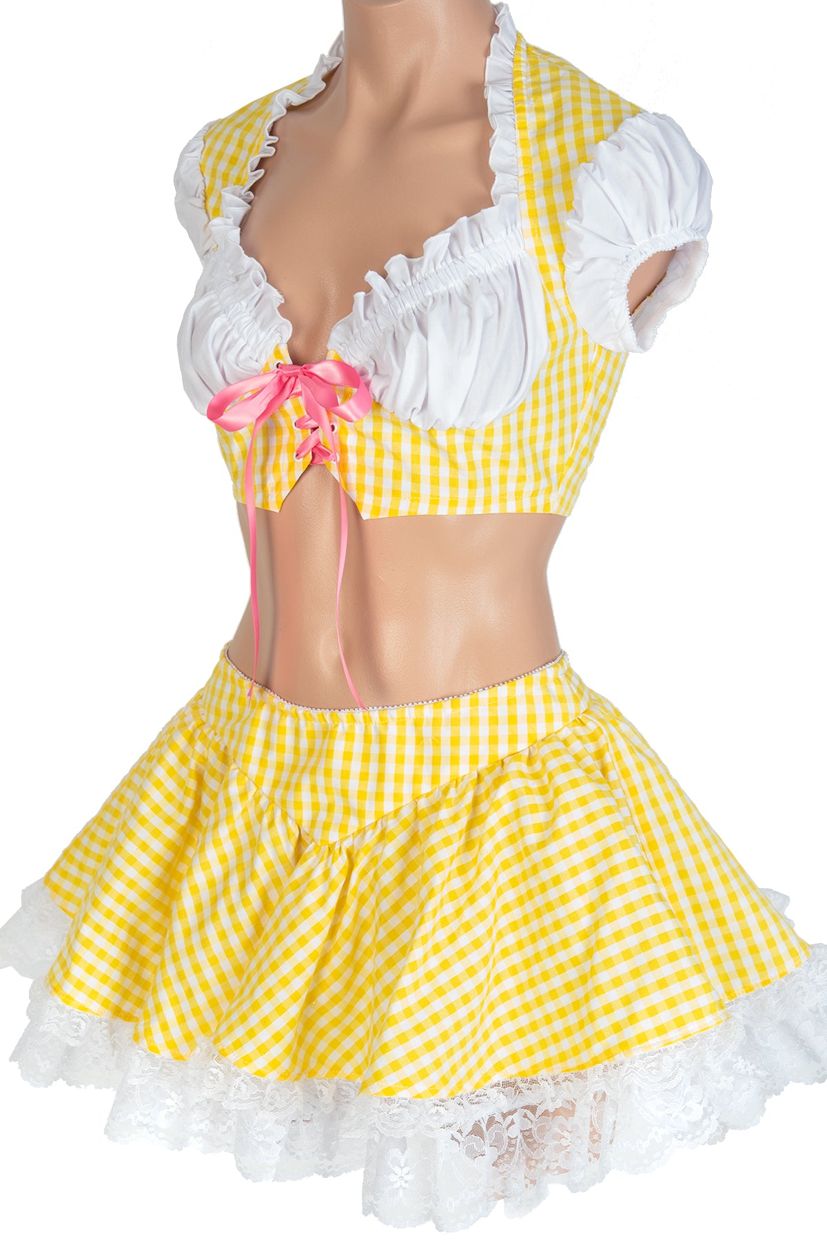 Gingham Lace-Up Ruffle Top & Skirt