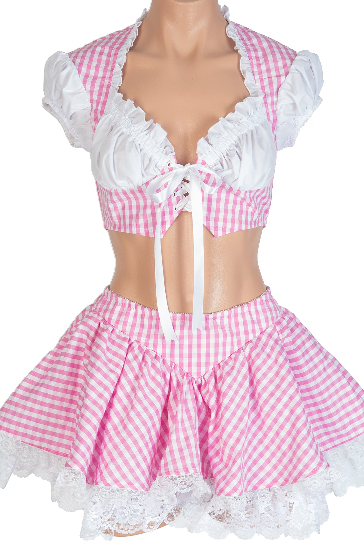 Gingham Lace-Up Ruffle Top & Skirt