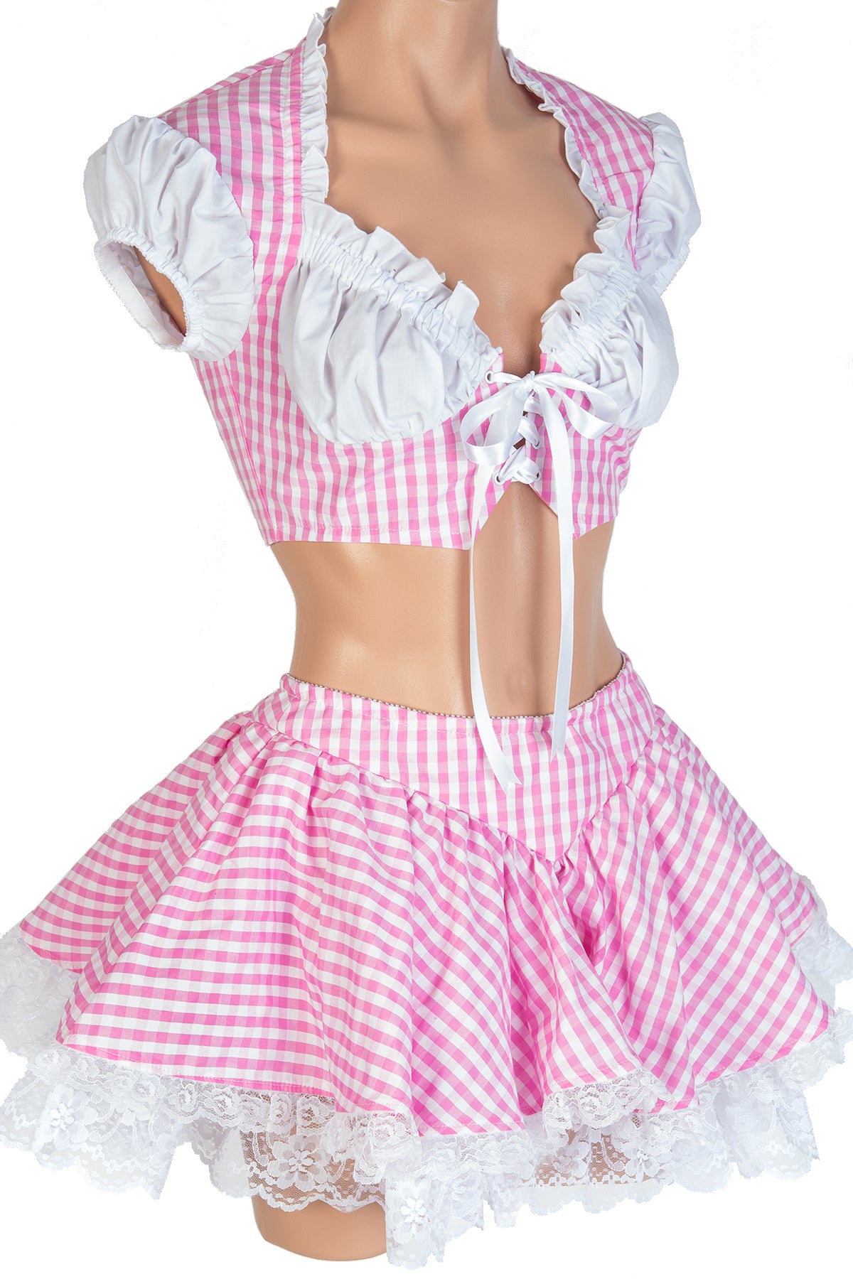 Gingham Lace-Up Ruffle Top & Skirt