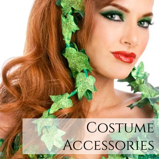 Close up of model wearing green leaf poison ivy headpiece