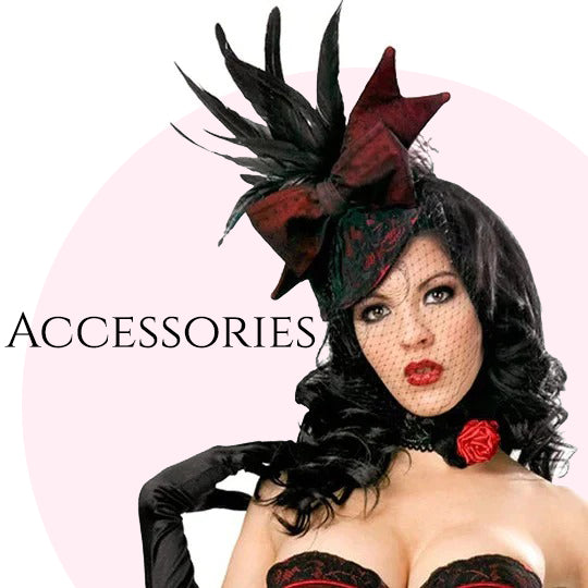 Model wearing black feather fascinator hat and satin gloves