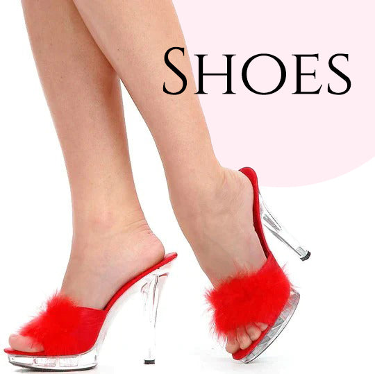 Model wearing fuzzy red marabou slip on shoes