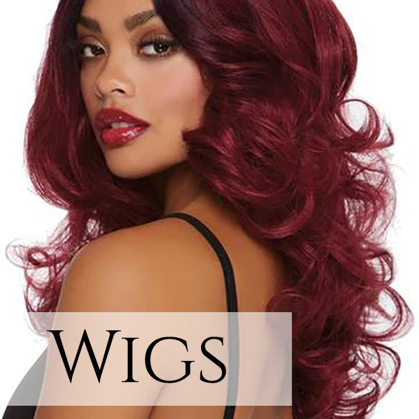 Model looking over her shoulder wearing long wavy burgundy wig
