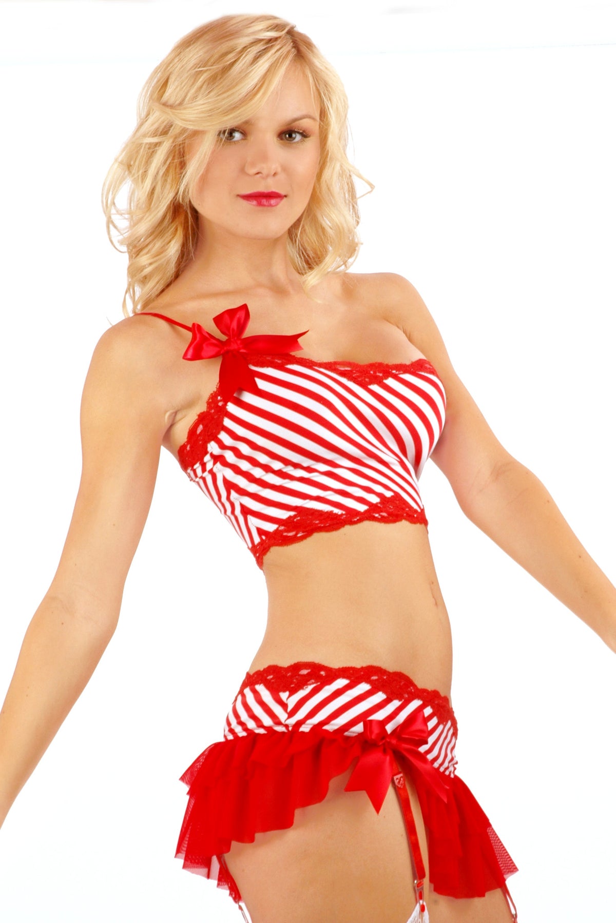 Women's Christmas Candy Cane Lingerie Set Turn-Down Collar Crop Top Lace-up  Bra with Briefs