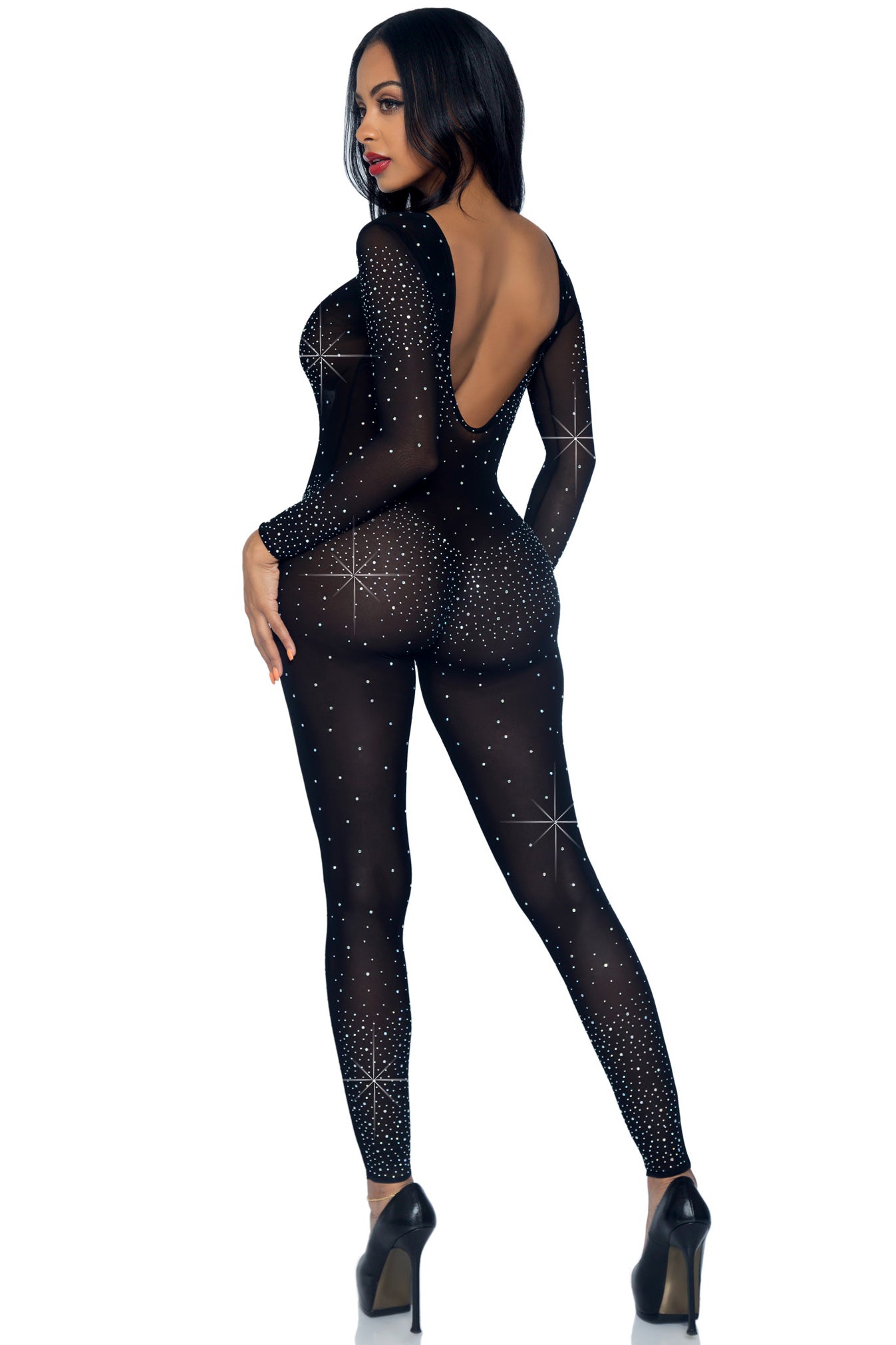 Black Sheer Mesh Unitard with Rhinestones – Crystal Couture