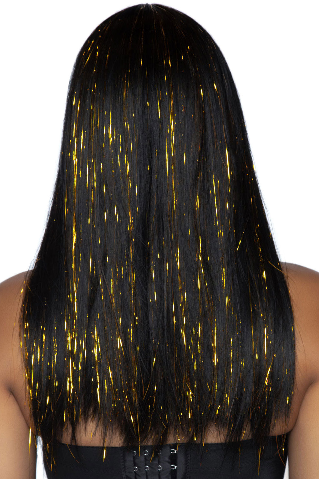 Long Black Wig with Gold Tinsel