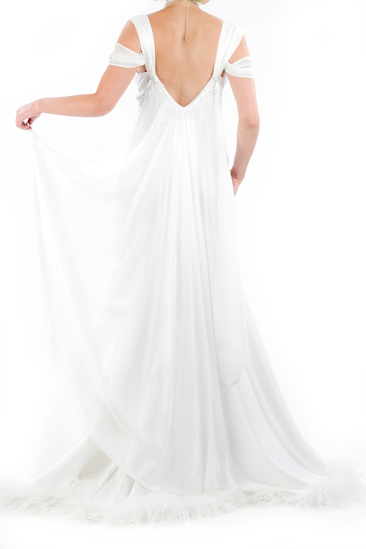 Bombshell Caped Gown with Ostrich Feather Trim