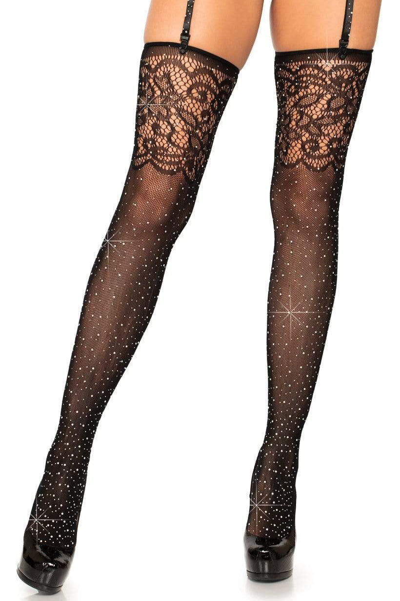 Rhinestone Lace Top Fishnet Stockings